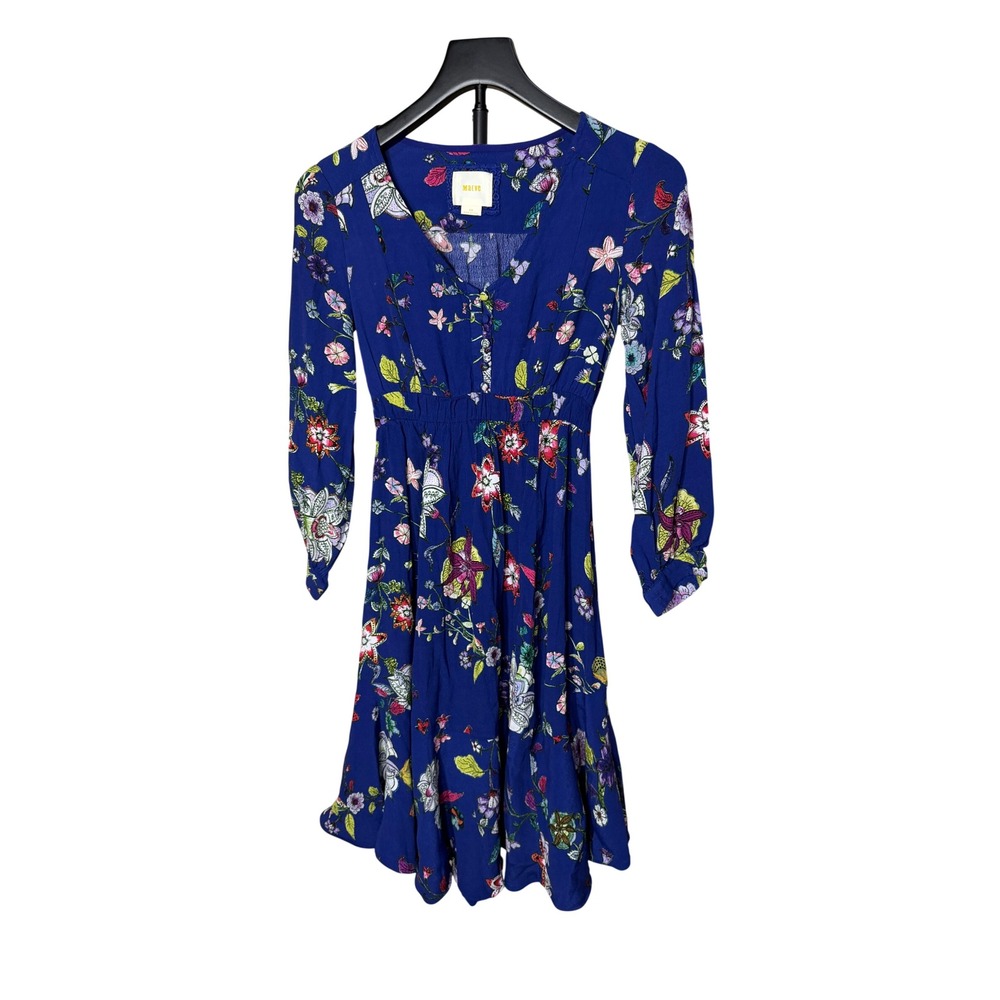 Maeve Anthropologie Floral Butterfly‎ Mini Dress Blue V-Neck Smocked Waist XS